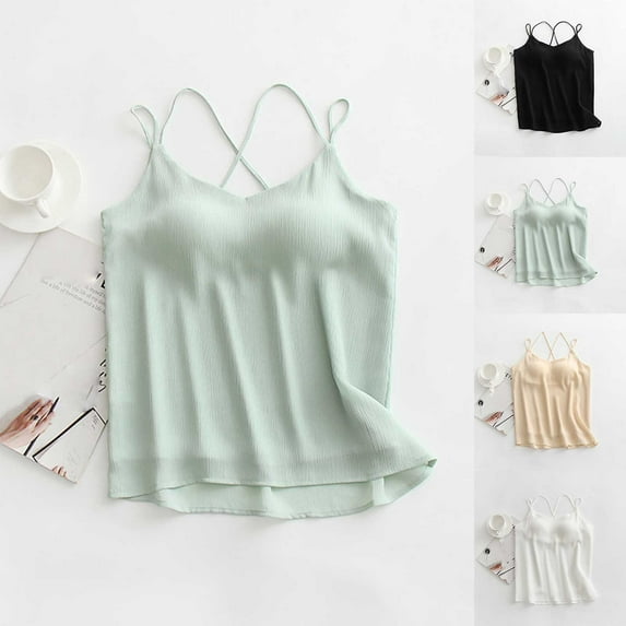 Fanxing Womens Chiffon Camisole Tops for Women Built in Bra Criss Cross Tank Tops Beige,XL