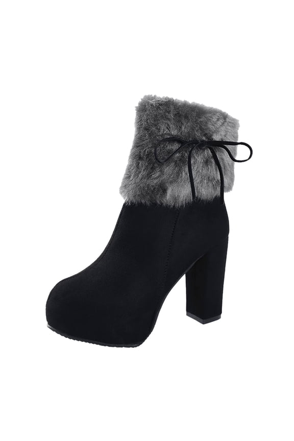 Womens Chunky High Heel Bow- Zipper Faux Fur Ankle Booties Womens Round Toe Chunky Heel Ankle Boots Zipper Block Heel Ankle Boots Winter Snow Boots Mid- Calf Ankle Bootie