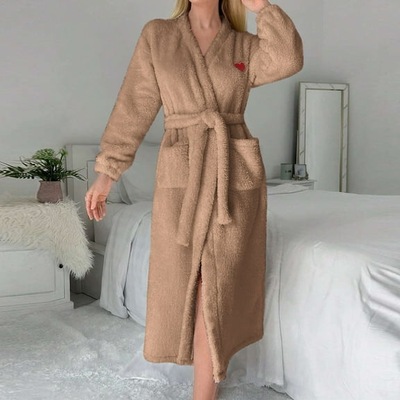Fanxing Womens Classic Fleece Robes with Belt Soft Fuzzy Plush Bathrobes for Ladies Winter Warm Spa Housecoat Brown 2XL