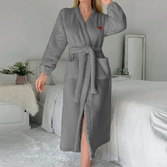 Fanxing Womens Classic Fleece Robes with Belt Soft Fuzzy Plush Bathrobes for Ladies Winter Warm Spa Housecoat Gray L