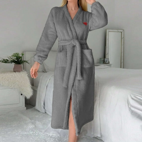 Fanxing Womens Classic Fleece Robes with Belt Soft Fuzzy Plush Bathrobes for Ladies Winter Warm Spa Housecoat Gray L
