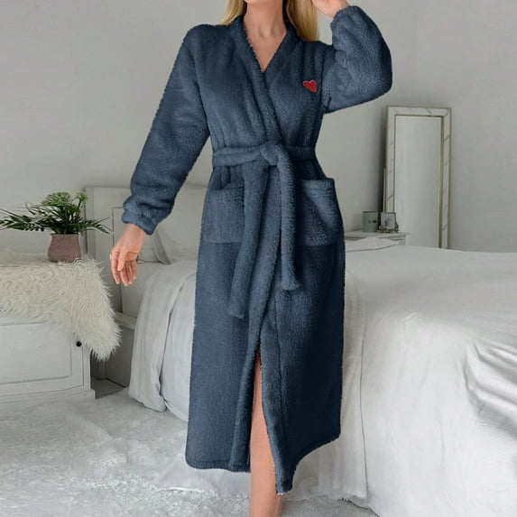 Fanxing Womens Classic Fleece Robes with Belt Soft Fuzzy Plush Bathrobes for Ladies Winter Warm Spa Housecoat Navy M