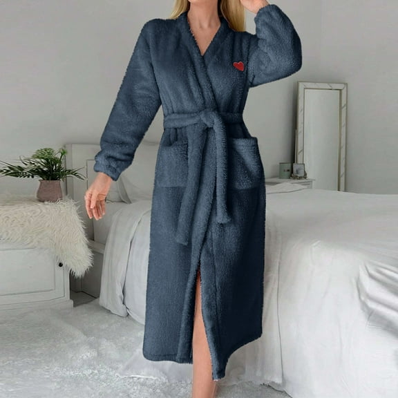 Fanxing Womens Classic Fleece Robes with Belt Soft Fuzzy Plush Bathrobes for Ladies Winter Warm Spa Housecoat Navy XL