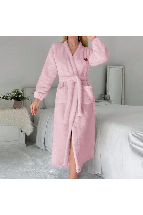 Womens Classic Fleece Robes with Belt Soft Fuzzy Plush Bathrobes for Ladies Winter Warm Spa Housecoat Pink M