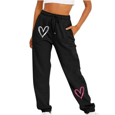 Fanxing Womens Clearance Sweatpants Wide Leg Pants Cinch Bottom Sweatpants for Teen Girls Cute Love Heart Graphic Drawstring Waist Joggers Running Gym Fitness Track Pants