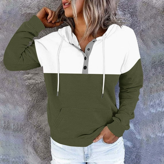 Fanxing Womens Color Block Hoodies Button Collar Drawstring Hooded Pullover Sweatshirt Casual Long Sleeve Sweater Tops Army Green M