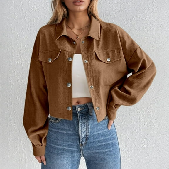 Fanxing Womens Corduroy Shacket Jacket Trendy Button Down Lapel Cropped Outerwear With Pockets Coffee L