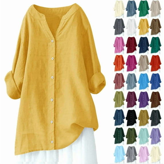 Fanxing Womens Cotton Linen Shirts Plus Size Flowy Tunic Shirt Breathable 3/4 Sleeve Tops to Wear with with Jeans (34 Color Womens Petite Plus S-5XL)