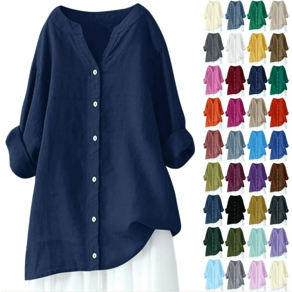 Fanxing Womens Cotton Linen Shirts Plus Size Flowy Tunic Shirt Breathable 3/4 Sleeve Tops to Wear with with Jeans (34 Color Womens Petite Plus S-5XL)