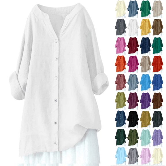 Fanxing Womens Cotton Linen Shirts Plus Size Flowy Tunic Shirt Breathable 3/4 Sleeve Tops to Wear with with Jeans (34 Color Womens Petite Plus S-5XL)