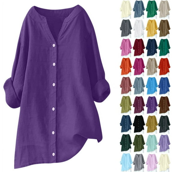 Fanxing Womens Cotton Linen Shirts Plus Size Flowy Tunic Shirt Breathable 3/4 Sleeve Tops to Wear with with Jeans (34 Color Womens Petite Plus S-5XL)