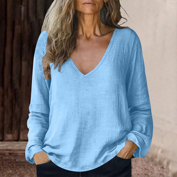 Fanxing Womens Cotton Linen Shirts Summer Solid Color V Neck Long Sleeve T Shirts Blue,S