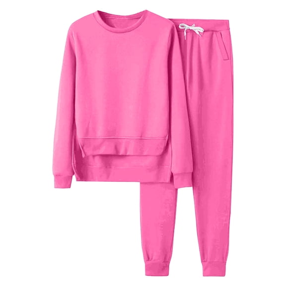 Fanxing Womens Crewneck Long Sleeve Sweatsuits 2025 Fall Fleece Pullover Drawstring Sweatpants Outfits Matching Lounge Wear Split Irregular Hem Sweatshirts 2 Piece Sets Annual Event Hot Pink,S