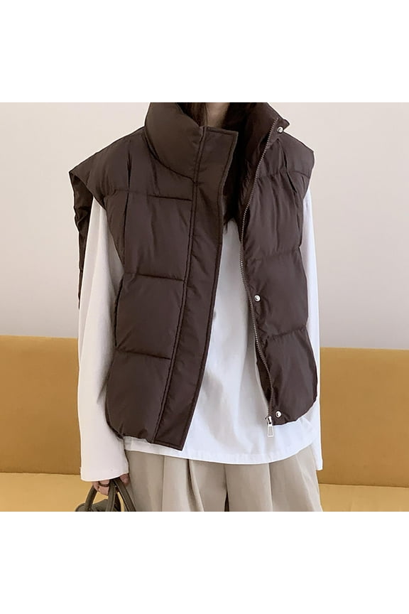 Womens Crop Quilted Vest Sleeveless Bubble Winter Jacket Warm Puffy Stand Collar Drawstring Hem Gilet Coat Coffee M