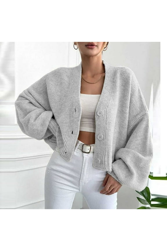 Womens Cropped Cardigans Sweater Bawting Sleeve Button Down Open Front Knit Shrug Jackets Gray M