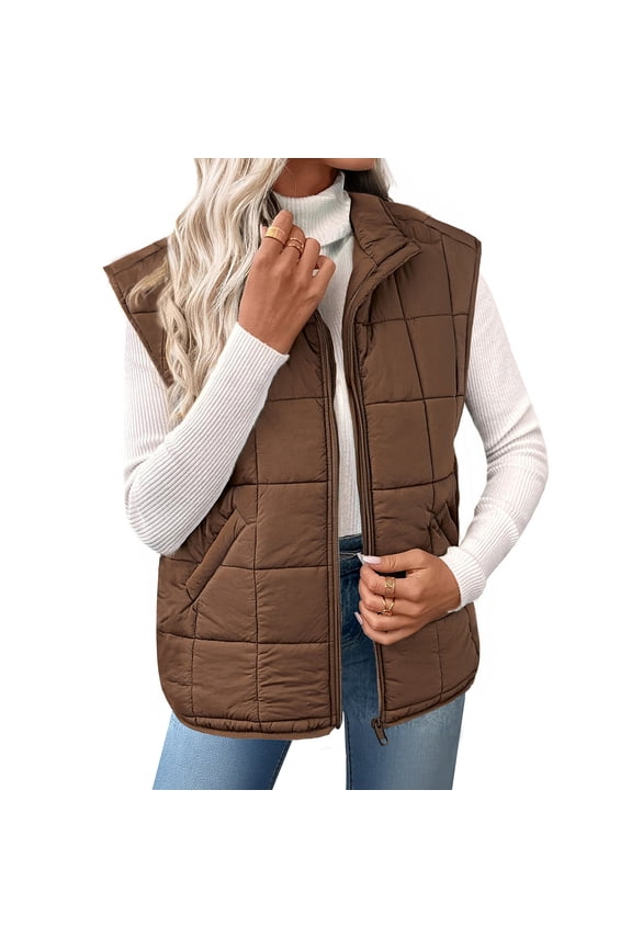 Womens Cropped Puffer Vest Sleeveless Zip Up Qulited Jacket Stand Collar Padded Gilet Coat Winter Outerwear with Pocket Coffee S