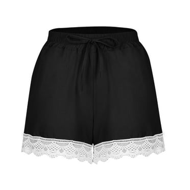 Fanxing Womens Cute Lace Trim Shorts Plus Size 5 Inch Athletic Shorts Loose Fit Sweat Shorts 2 25 Summer Casual Beach Drawstring Shorts for Under Dresses Black,S