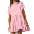 thumbnail image 1 of Fanxing Womens Cute Pleated Dress Patchwork Casual Short Sleeve Sweatshirt Dresses Loose Oversized Summer Mini Dress Pink,L Female, 1 of 9