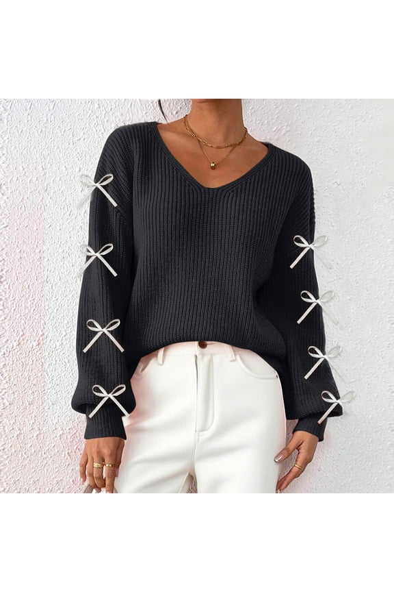 Womens Cute Satin Ribbon Bow Pullover Sweater Trendy Causal Batwing Sleeve V Neck Knit Tops Black S