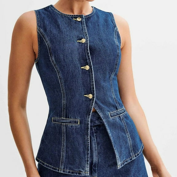 Fanxing Womens Denim Vest Sleeveless Jean Tank Tops Button Down Western Waistcoat Suit Top with Pockets Blue L