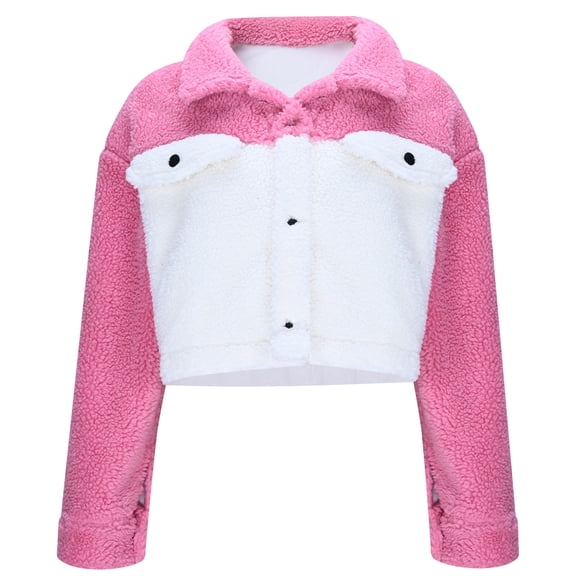 Fanxing Womens Faux Fur Jacket Fall Winter Fuzzy Fleece Cropped Shacket Jakcets Color Block Button Down Casual Trendy Coat Pink S