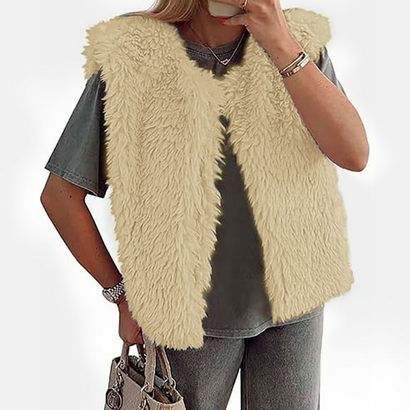 Fanxing Womens Faux Fur Vest Cropped Sleeveless Warm Winter Jacket Shaggy Open Front Outerwear Gilet Khaki M