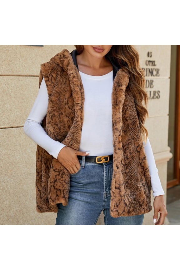 Womens Faux Fur Vests Fuzzy Warm Open Front Lapel Sleeveless Fluffy Cropped Winter Coats Outerwear Brown XL