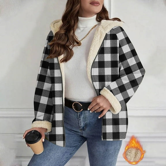 Fanxing Womens Flannel Hoodie Sherpa Lined Plaid Jackets Casual Fleece Sweatshirts Jacket Full Zip Warm Fuzzy Coat Gray L