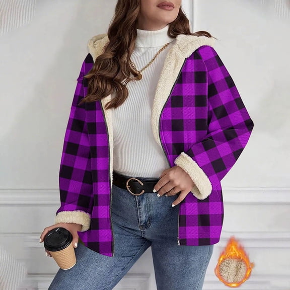 Fanxing Womens Flannel Hoodie Sherpa Lined Plaid Jackets Casual Fleece Sweatshirts Jacket Full Zip Warm Fuzzy Coat Purple L