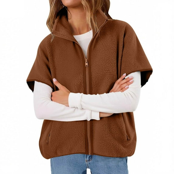 Fanxing Womens Fleece Jacket Vest Short Sleeve Fuzzy Sherpa Jackets Zip Up Oversized Stand Collar Casual Coats Fall Winter Womens Tops Brown S