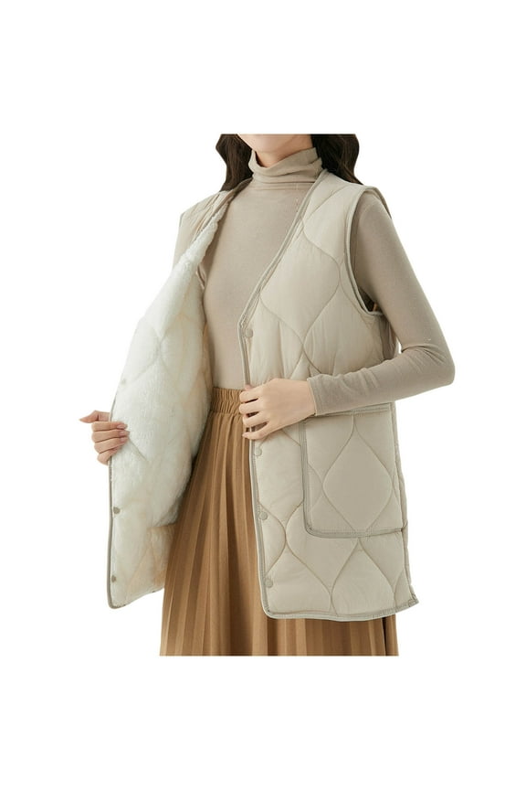 Womens Fleece Lined Vest Plus Size Quilted Sleeveless Jackets Winter Cozy Warm Waistcoat Snap Shaggy Gilet Coat Beige XL