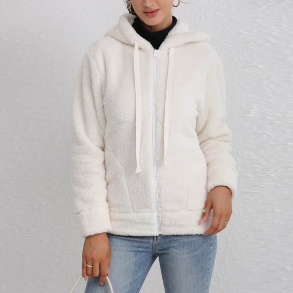 Fanxing Womens Fleece Zip Up Jackets Double Sherpa Faux Fur Hooded Coat Winter Warm Fuzzy Cute Plush Outwear L