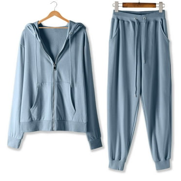 Fanxing Womens Full Zip Hoodies Tracksuits 2025 Fall Basic Solid 2 Piece Sets Lightweight Hooded Sweatshirts with Sweatpants Outfits Athletic Track Suits for Jogging Running Blue,L