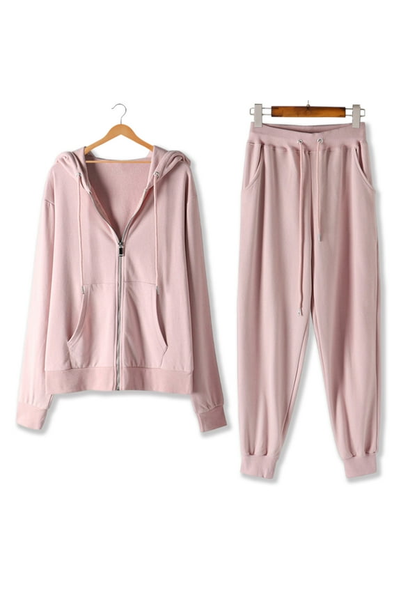 Womens Full Zip Hoodies Tracksuits 2025 Fall Basic Solid 2 Piece Sets Lightweight Hooded Sweatshirts with Sweatpants Outfits Athletic Track Suits for Jogging Running Labor Day Pink,M