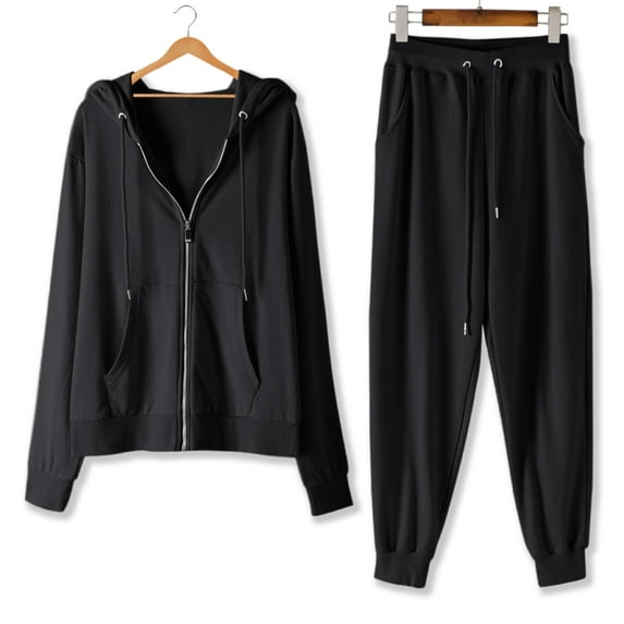 Fanxing Womens Full Zip Hoodies Tracksuits 2025 Fall Basic Solid 2 Piece Sets Lightweight Hooded Sweatshirts with Sweatpants Outfits Athletic Track Suits for Jogging Running Black,XL