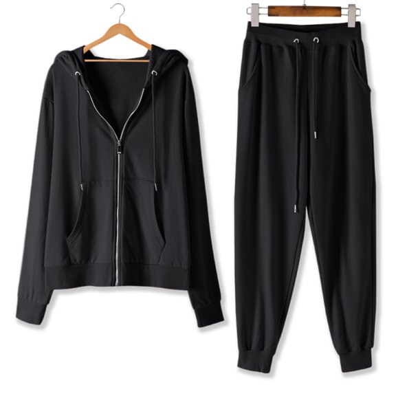 Fanxing Womens Full Zip Hoodies Tracksuits 2025 Fall Basic Solid 2 Piece Sets Lightweight Hooded Sweatshirts with Sweatpants Outfits Athletic Track Suits for Jogging Running Black,M