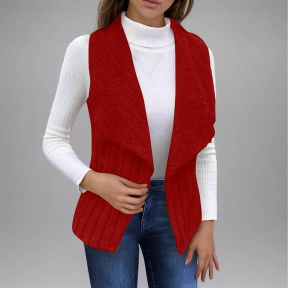 Fanxing Womens Fuzzy Fleece Vest Open Front Sleeveless Cardigan Sweater Lightweight Warm Gilet Teddy Jacket with Pockets for Fall Winter Red XL