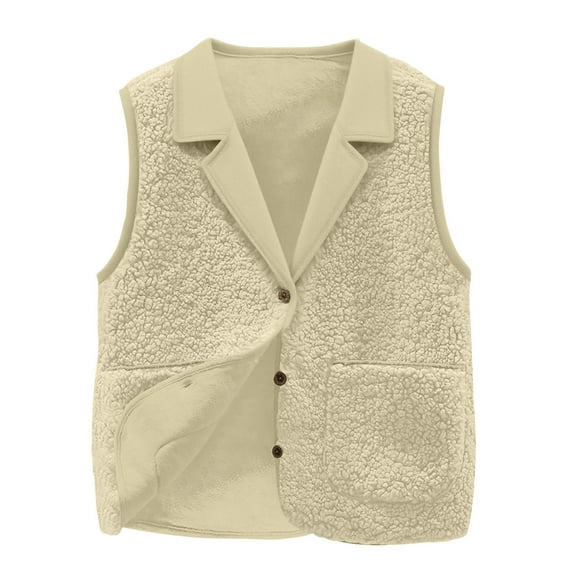 Fanxing Womens Fuzzy Fleece Vest Thin Sleeveless Button Down Fall Sherpa Jacket Dressy Casual Lapel Suit Cardigan Crop Tops with Pocket Beige M