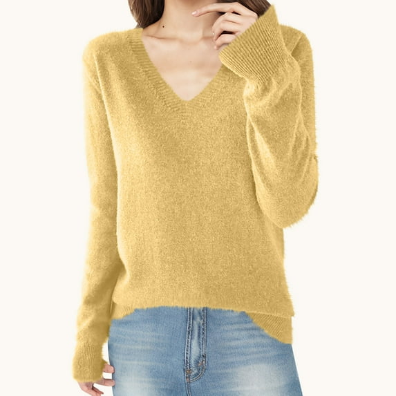 Fanxing Womens Fuzzy Lightweight Pullover Sweater Soft Cozy V Neck Knit Base Layer Fall Winter Tunic Jumper Tops Yellow M