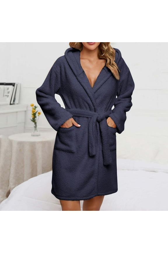 Womens Fuzzy Robe Mid Length Bathrobe Belted Soft Bath Robes Plush Kimono Robe with Pockets Fall Winter Spa Robes Navy M