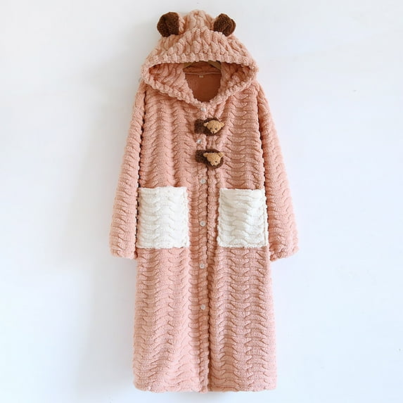 Fanxing Womens Fuzzy Soft Robes with Cute Ear Hood Textured Plush Fluffy Bathrobes Fleece Warm House Coat Cozy Gift Pink M