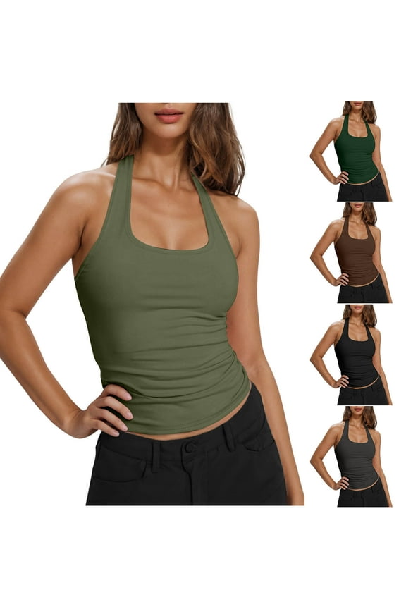 Womens Halter Neck Tank Tops Slim Fitted Sleeveless Going Out Tops Y2K Stretchy T Shirts Brown,M