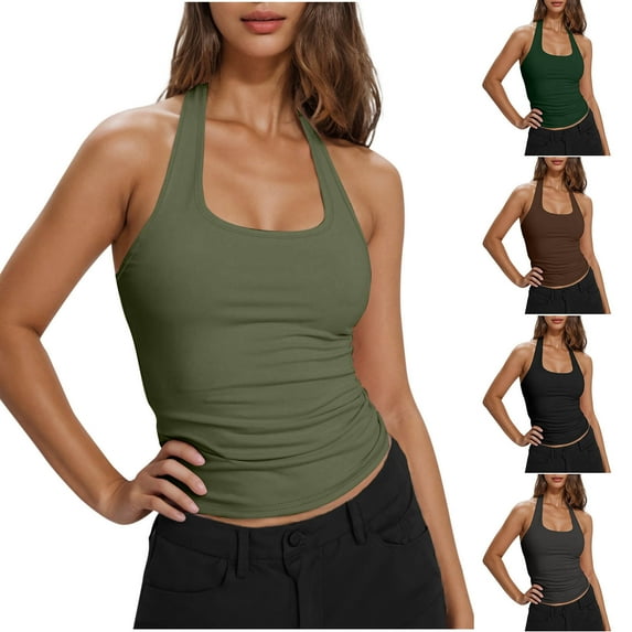 Fanxing Womens Halter Neck Tank Tops Slim Fitted Sleeveless Going Out Tops Y2K Stretchy T Shirts Gray,M