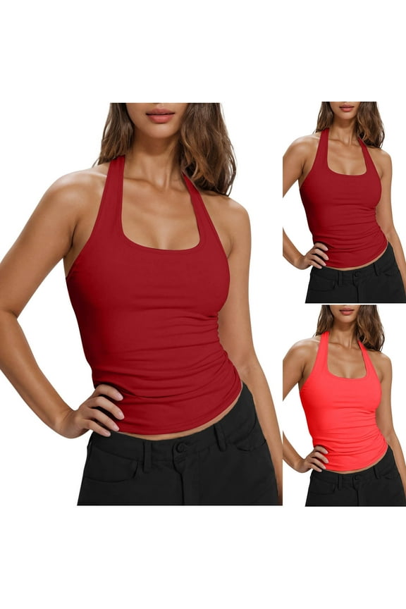 Womens Halter Neck Tank Tops Slim Fitted Sleeveless Going Out Tops Y2K Stretchy T Shirts Pink,L