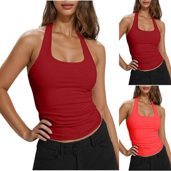 Fanxing Womens Halter Neck Tank Tops Slim Fitted Sleeveless Going Out Tops Y2K Stretchy T Shirts Red,XL