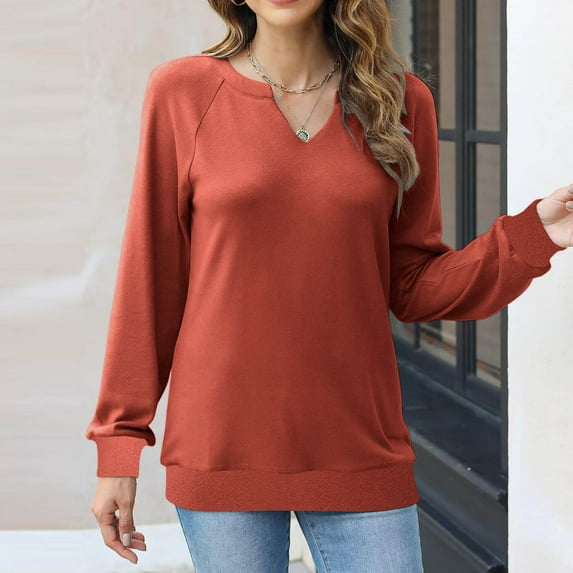 Fanxing Womens Henley V Neck Sweatshirts Casual Trendy Cute Hoodless Pullover Solid Color Fall Winter Long Sleeve Tops Red XL