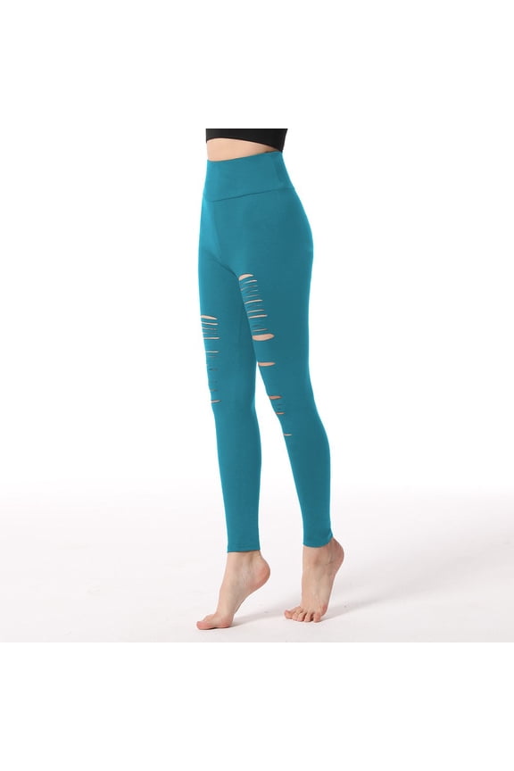 Womens High Rise Yoga Pants Tummy Control Workout Leggings Cutout Ripped Stretchy Running Skinny Bottom Blue S