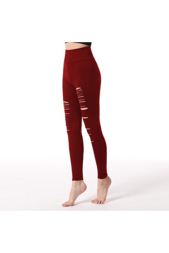 Womens High Rise Yoga Pants Tummy Control Workout Leggings Cutout Ripped Stretchy Running Skinny Bottom Wine S