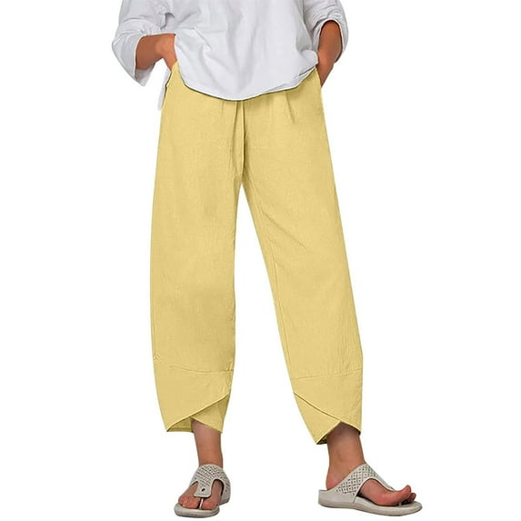 Fanxing Womens High Waisted Cotton Linen Pants High Waisted Drawstring Linen Trousers Flowy Crop Trousers with Pockets