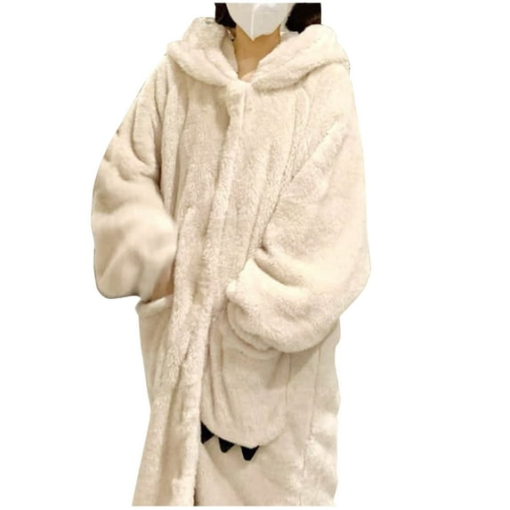 Fanxing Womens Hooded Plush Robes Fuzzy Fleece Spa Bathrobe Thick Winter Pajama Cute Spa Robe Lounge Housecoat Pockets 003-White L